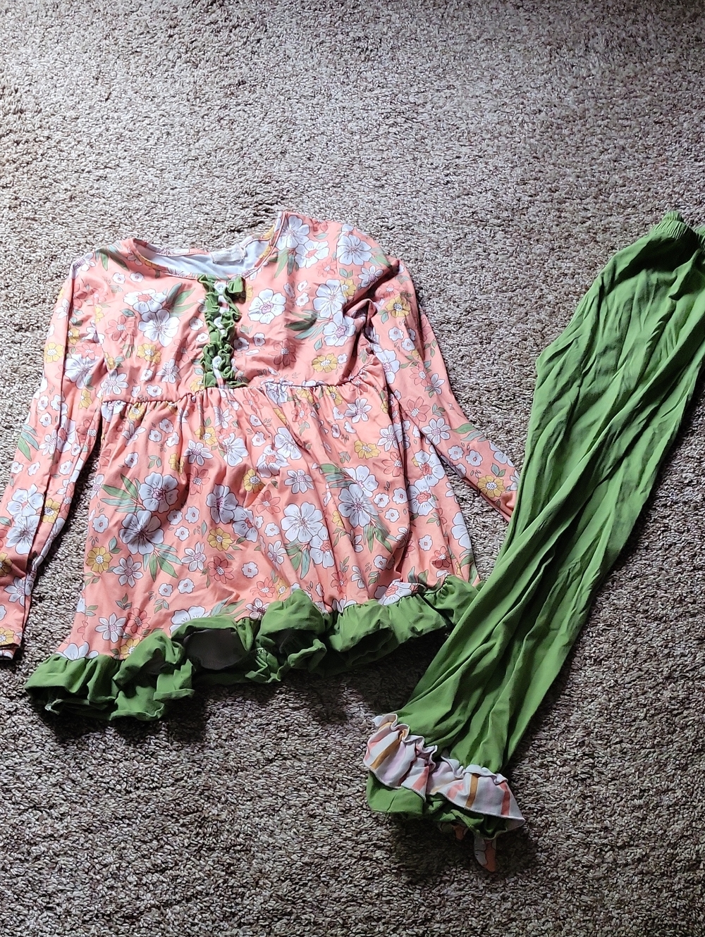 Girls' Pink Floral Outfit & Green Ruffle Pants Boutique Set